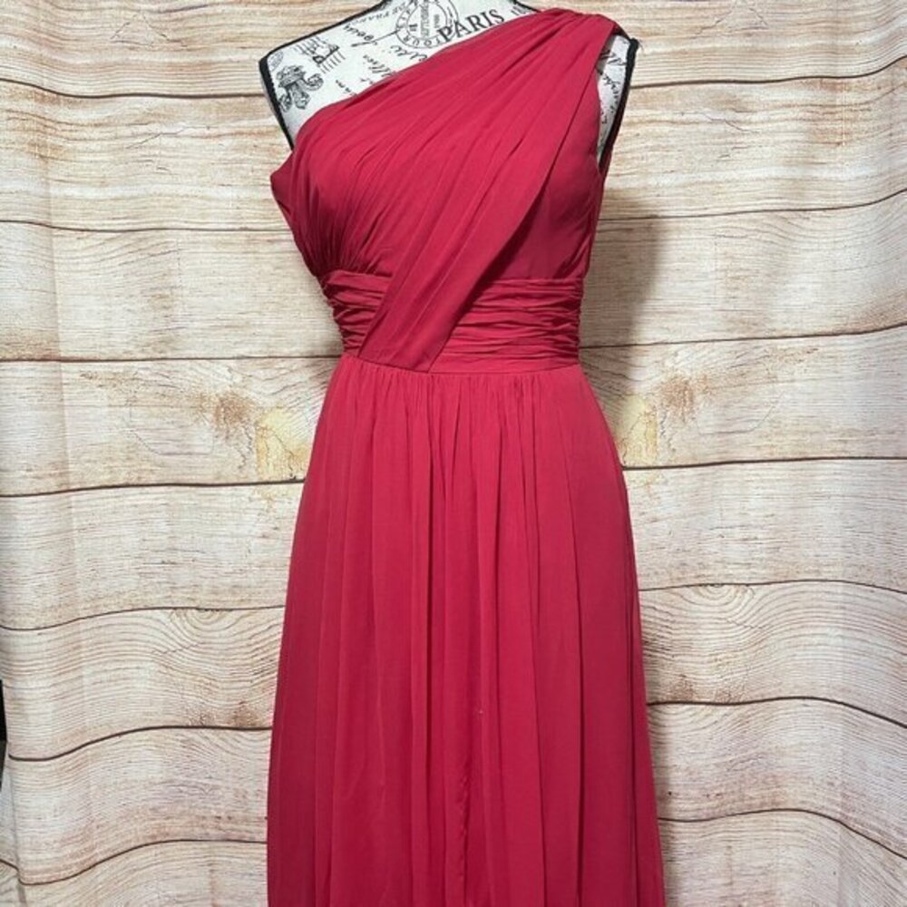After Six Parisian Red K505 One Shoulder Chiffon‎ Shirred Front Slit Maxi Gown